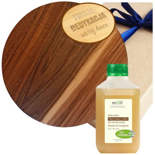 Deska do Krojenia Lity ORZECH 30cm Okrągła +Grawer Życzeń +Olej Lniany 100% 0,5l do Konserwacji +Estetyczne Opakowanie | Pomysł na Prezent