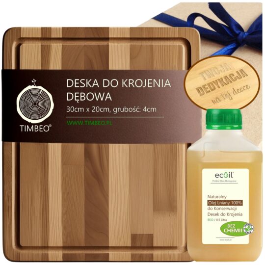 Deska do Krojenia Dąb (duża 30cm, gr. 4cm) +Grawer Życzeń +Olej Lniany 100% 0,5l do Konserwacji +Estetyczne Opakowanie | Pomysł na Prezent